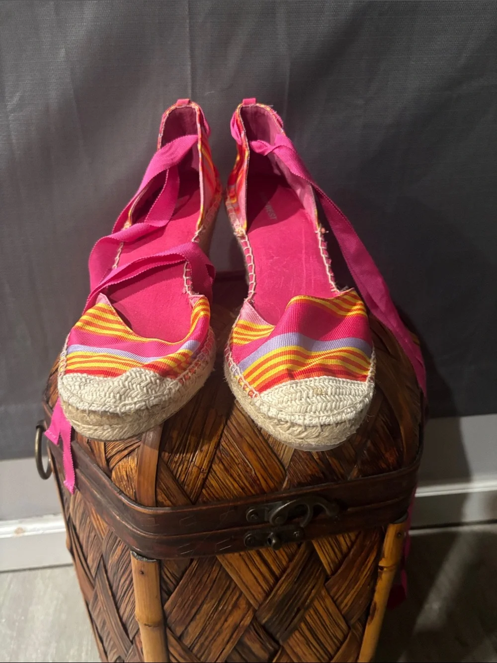 Nine West Pink Multicolor Striped Espadrille Lace-Up Flats